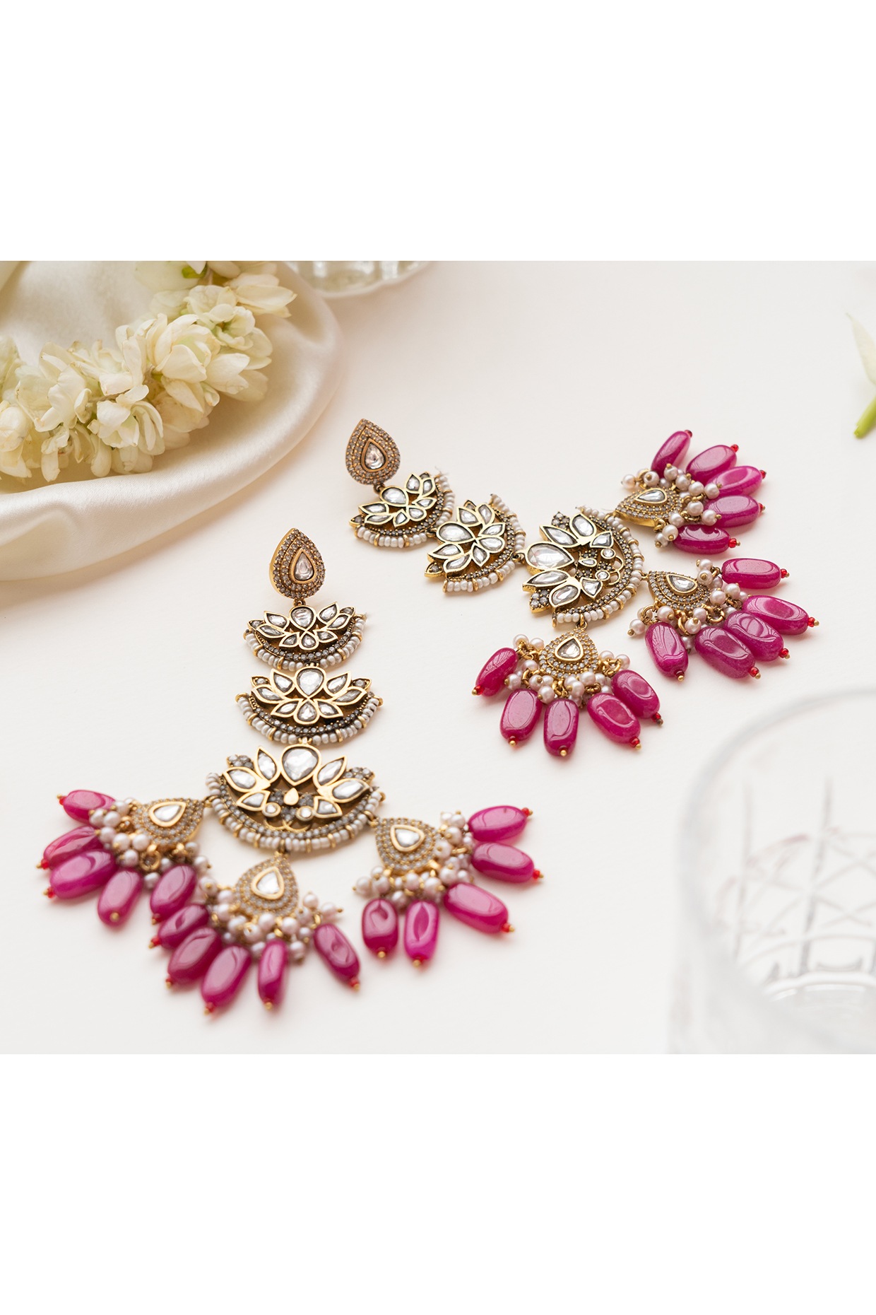 Magenta Beaded Kundan Embellished Darngler Earrings cum Tikka Set - PINK  PITCH - 2901272