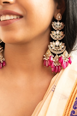 Magenta Kundan Polki Dangler Earrings by Tsera World
