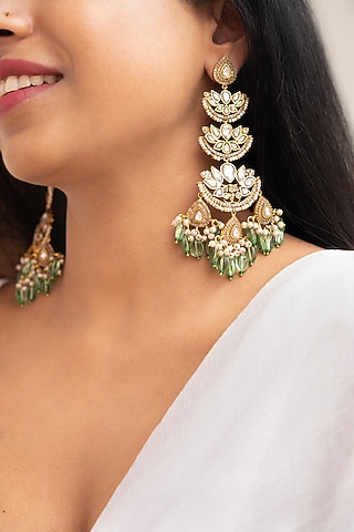 Green Kundan Polki Dangler Earrings by Tsera World