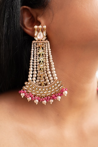 Pink Kundan Polki Dangler Earrings by Tsera World