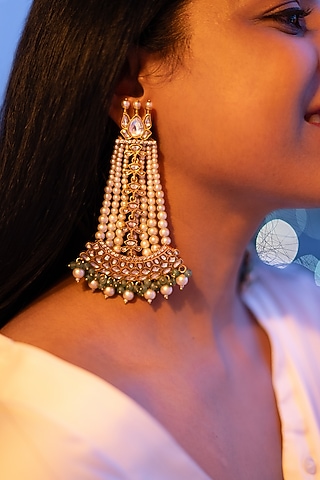 Green Kundan Polki Dangler Earrings by Tsera World