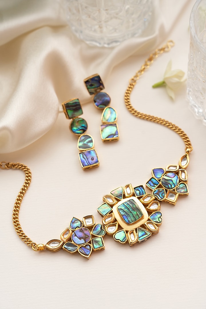 Multi-Colored Mother Of Pearl Holographic Choker Necklace Set by Tsera World at Pernia's Pop Up Shop