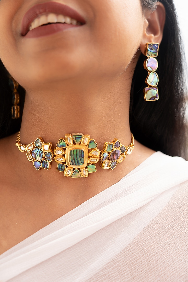 Multi-Colored Mother Of Pearl Holographic Choker Necklace Set by Tsera World at Pernia's Pop Up Shop