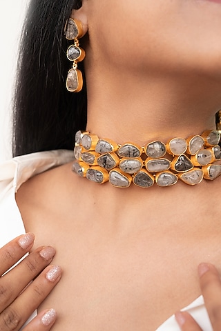 Brownish Green Synthetic Stone Choker Necklace Set by Tsera World
