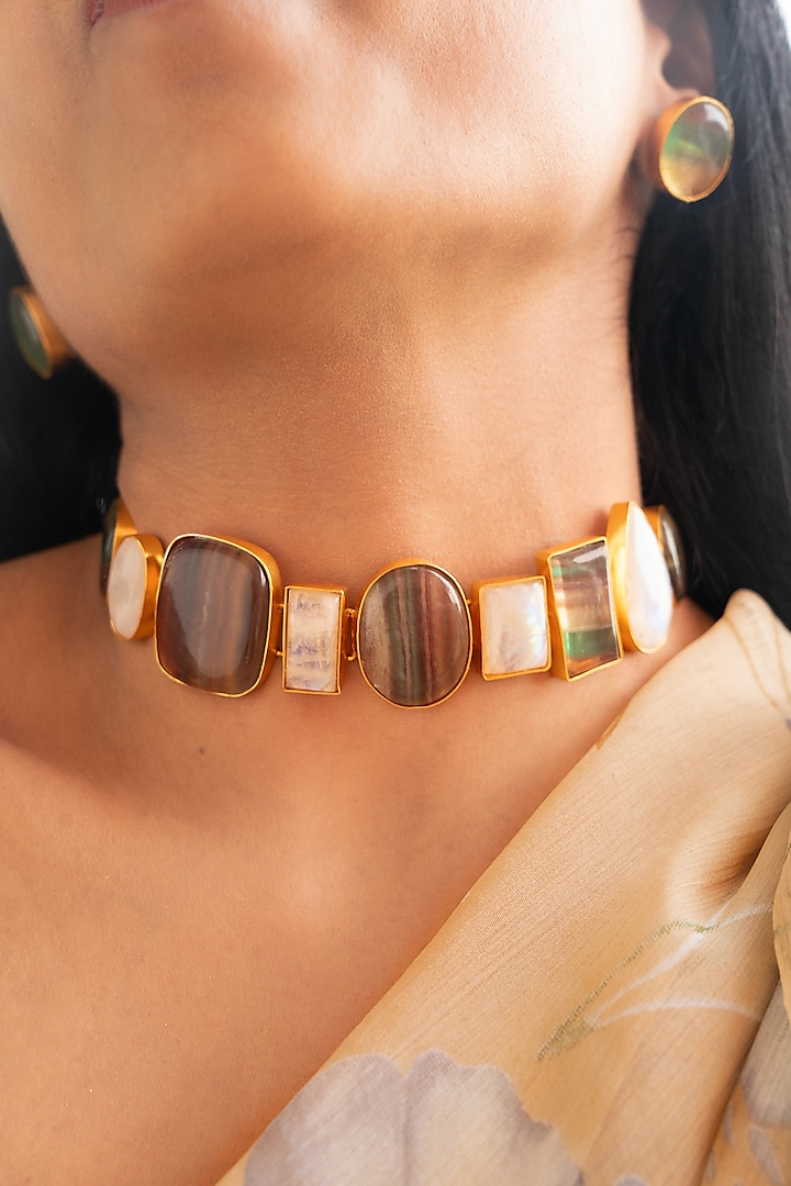 Brown Synthetic Stone Choker Necklace Set by Tsera World