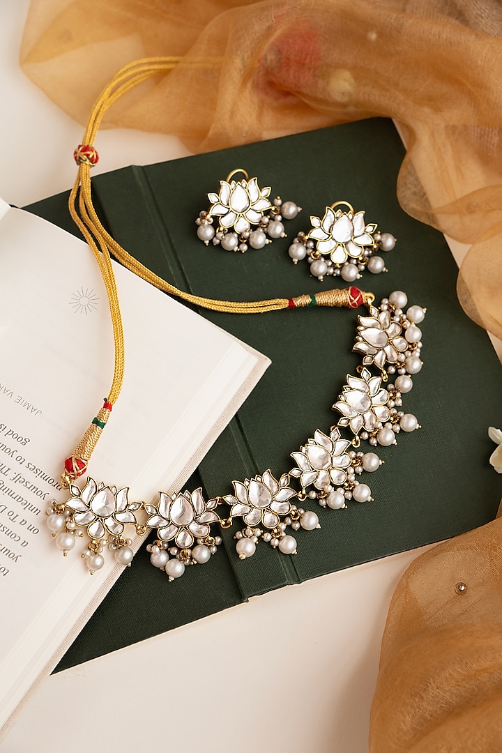 White Kundan Polki & Pearl Drop Lotus Choker Necklace Set by Tsera World at Pernia's Pop Up Shop