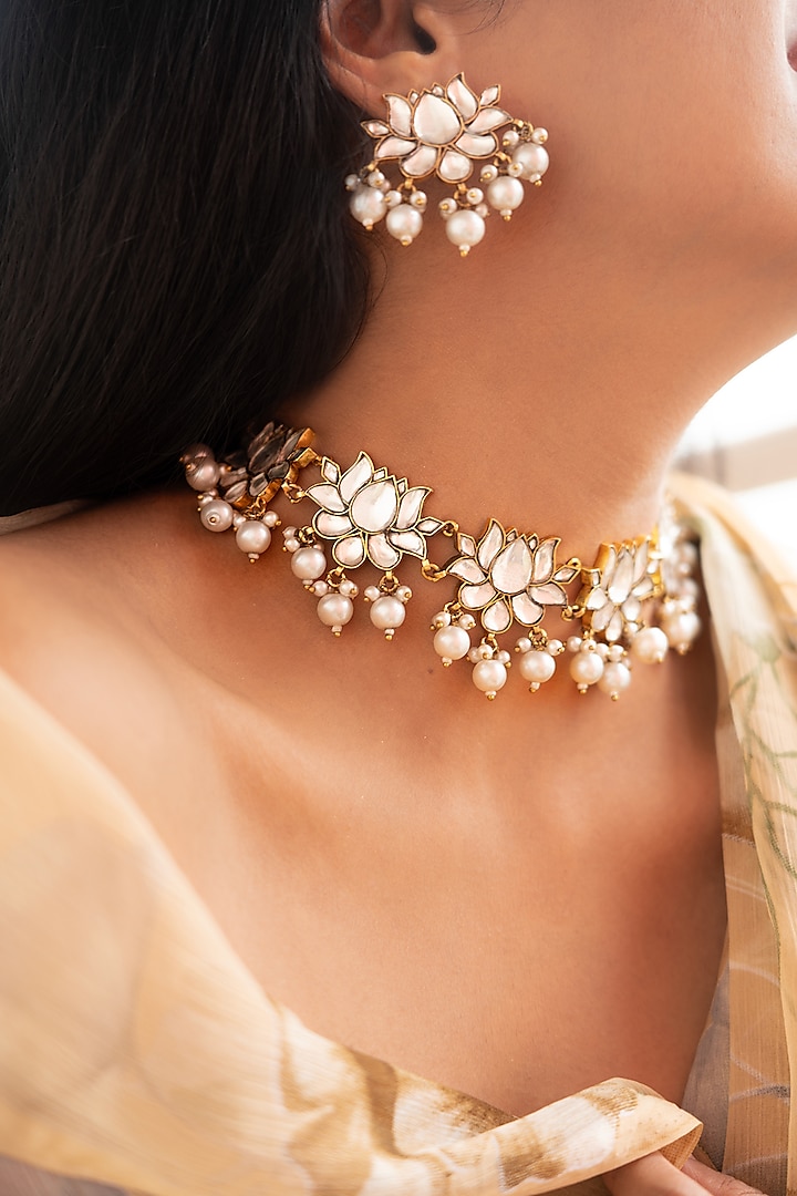 White Kundan Polki & Pearl Drop Lotus Choker Necklace Set by Tsera World at Pernia's Pop Up Shop