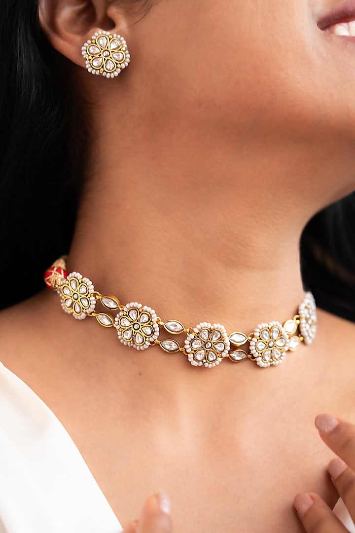 Gold Kundan Polki Choker Necklace Set by Tsera World