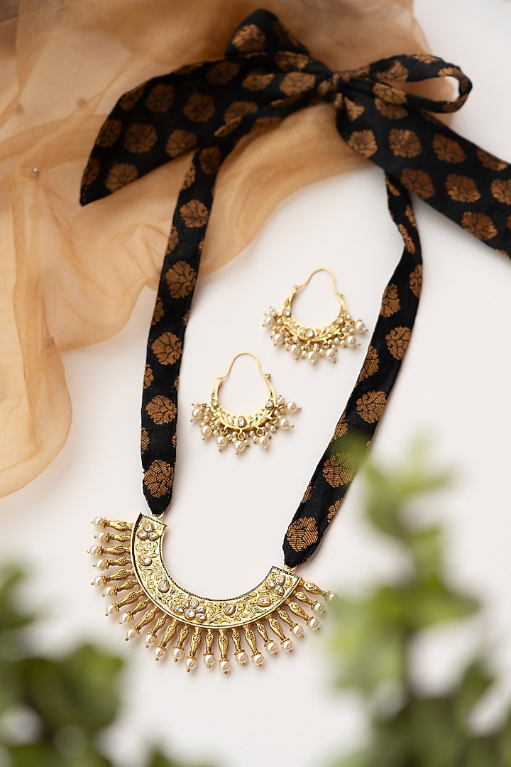 Black Enameled Long Ribbon Necklace Set by Tsera World at Pernia's Pop Up Shop