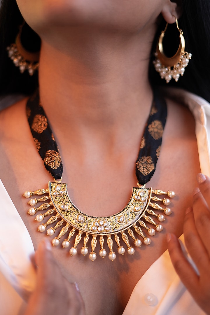 Black Enameled Long Ribbon Necklace Set by Tsera World at Pernia's Pop Up Shop