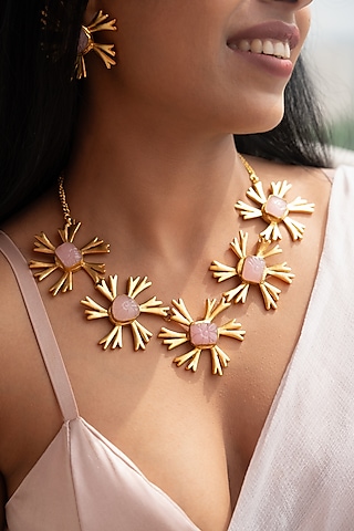 Pink Synthetic Stone Floral Long Necklace Set by Tsera World
