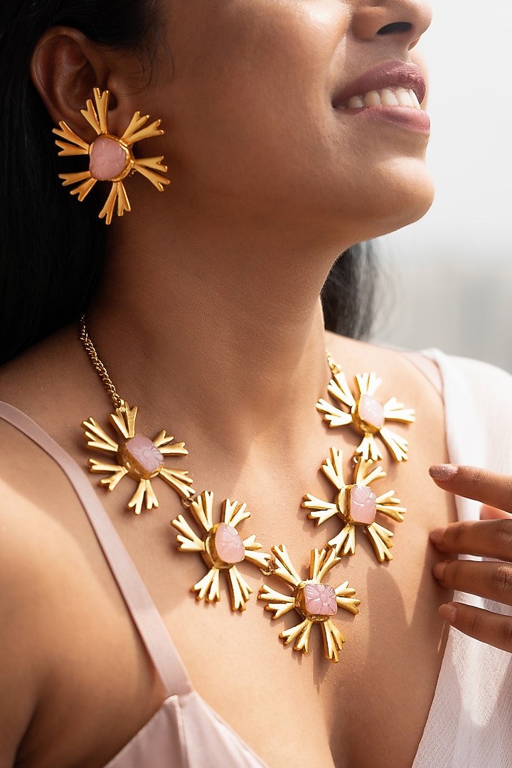 Pink Synthetic Stone Floral Long Necklace Set by Tsera World at Pernia's Pop Up Shop