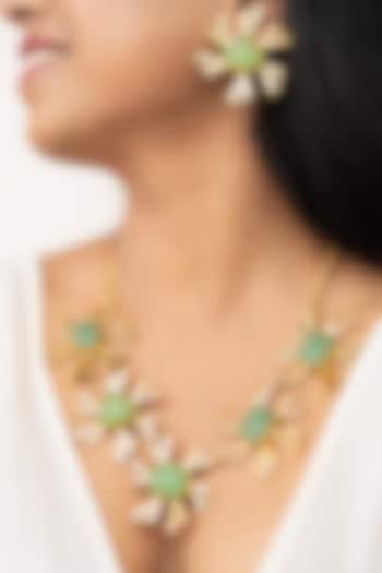 Green Synthetic Stone Floral Long Necklace Set by Tsera World