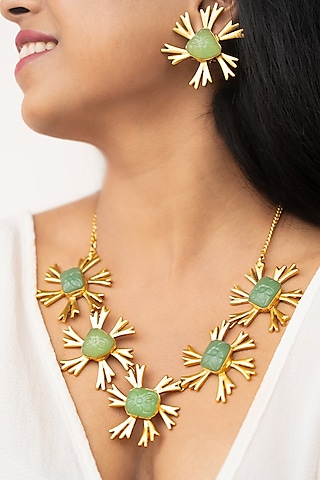 Green Synthetic Stone Floral Long Necklace Set by Tsera World