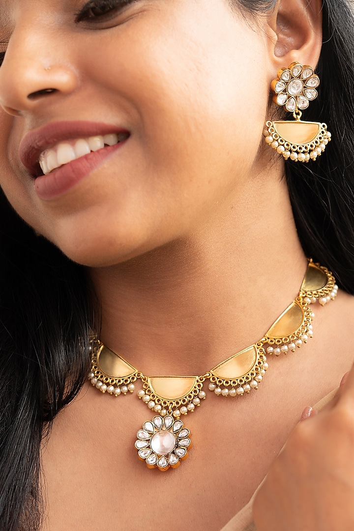 Golden Kundan Polki Long Necklace Set by Tsera World