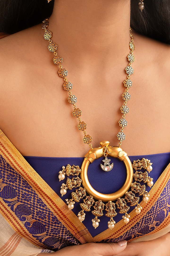 Golden Polki & Pearl Long Temple Necklace Set by Tsera World at Pernia's Pop Up Shop