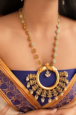 Golden Polki & Pearl Long Temple Necklace Set by Tsera World