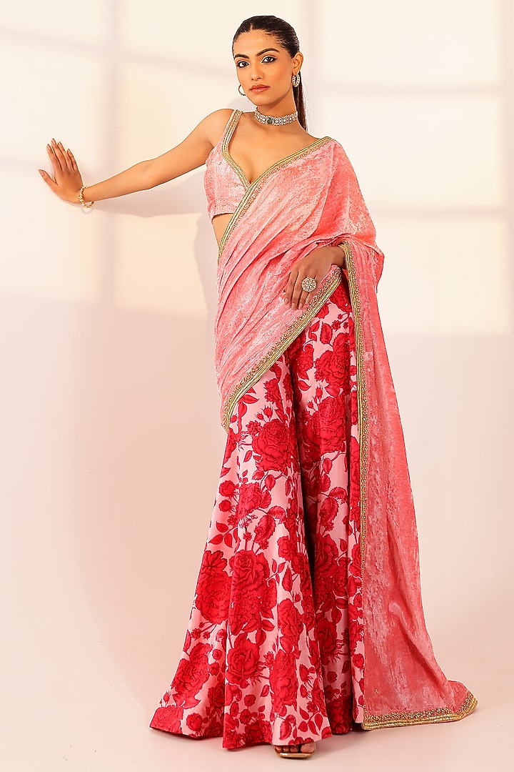 Pink & Red Velvet Sharara Party Wear Saree Set by SANAM at Pernia's Pop Up Shop