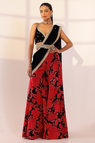 Red & Black Velvet Sharara Saree Set by SANAM