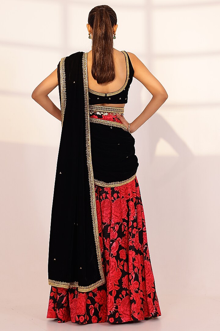 Red & Black Velvet Sharara Party Wear Saree Set by SANAM at Pernia's Pop Up Shop