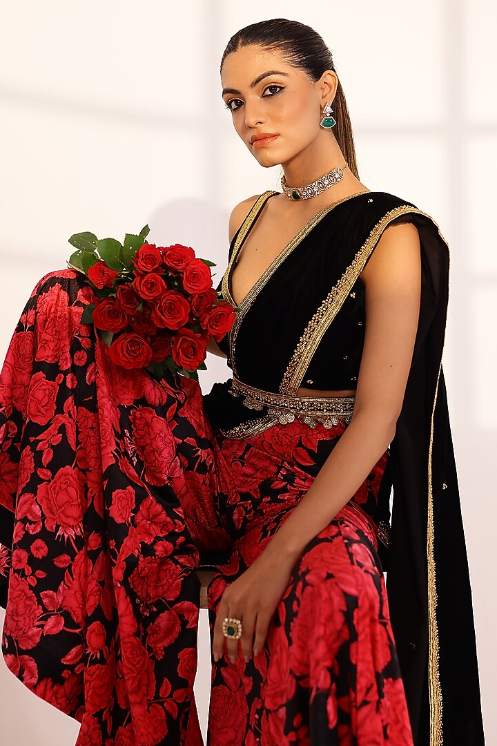 Red & Black Velvet Sharara Party Wear Saree Set by SANAM at Pernia's Pop Up Shop