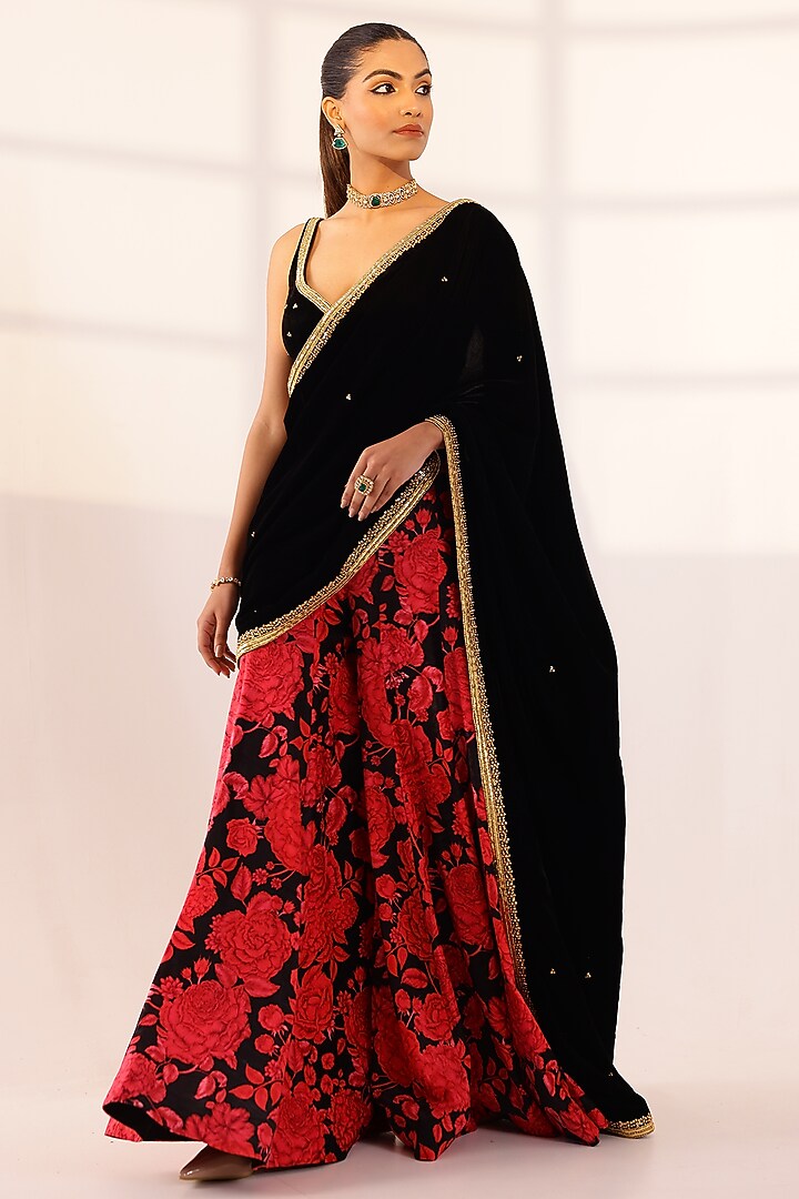 Red & Black Velvet Sharara Party Wear Saree Set by SANAM at Pernia's Pop Up Shop