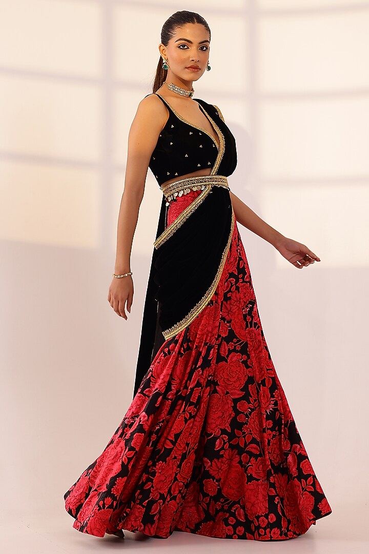 Red & Black Velvet Sharara Party Wear Saree Set by SANAM at Pernia's Pop Up Shop