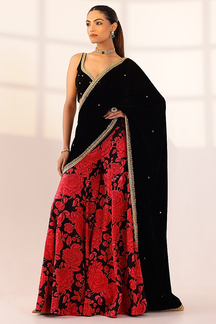 Red & Black Velvet Sharara Party Wear Saree Set by SANAM at Pernia's Pop Up Shop