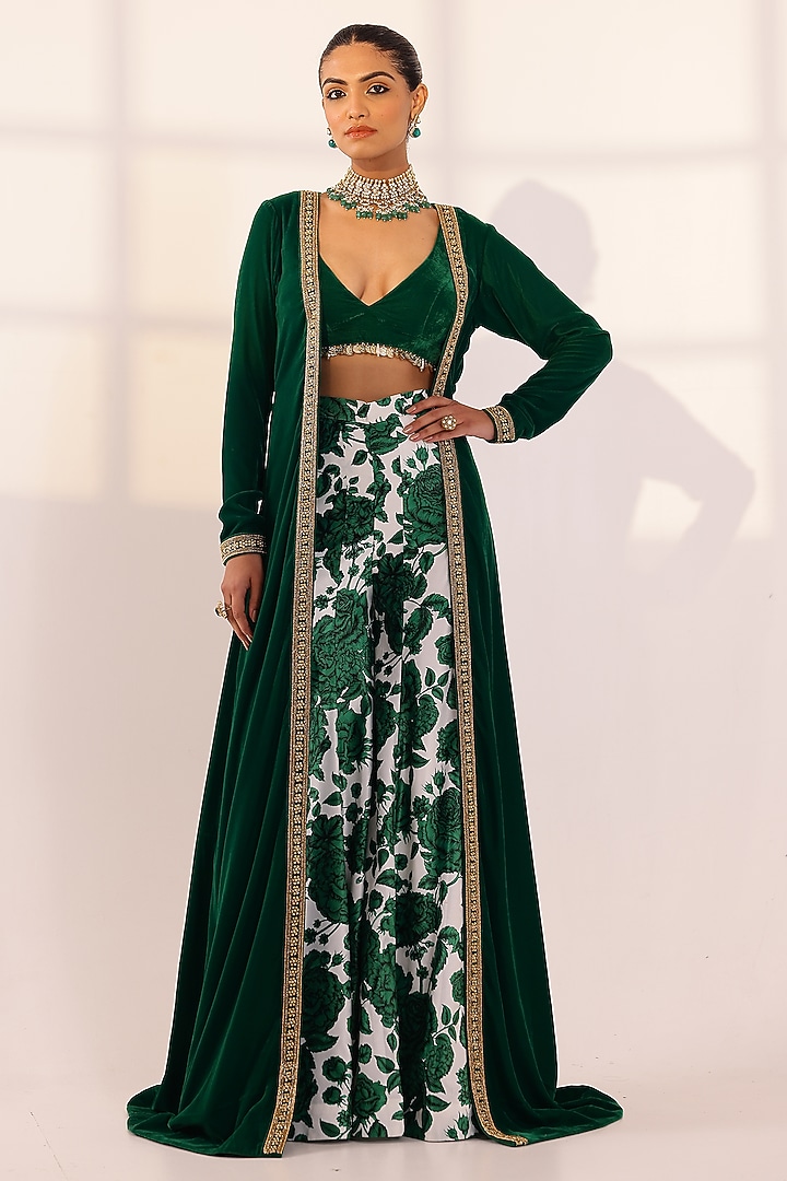Green Velvet Hand Embroidered Cape Set by SANAM at Pernia's Pop Up Shop