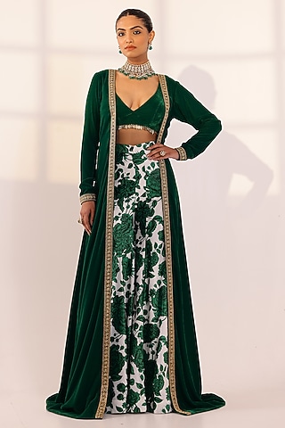 Green Velvet Hand Embroidered Cape Set by SANAM