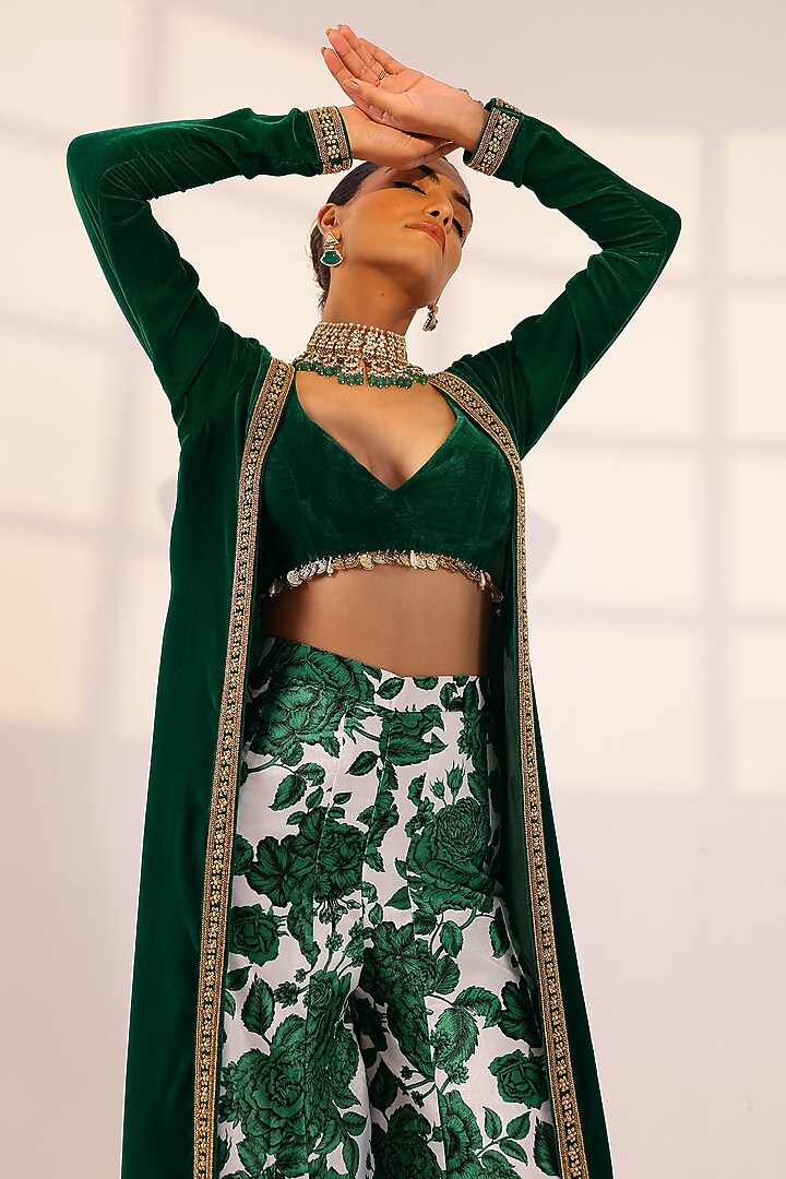 Green Velvet Hand Embroidered Cape Set by SANAM at Pernia's Pop Up Shop