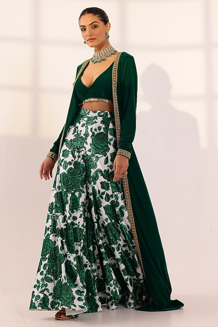 Green Velvet Hand Embroidered Cape Set by SANAM at Pernia's Pop Up Shop
