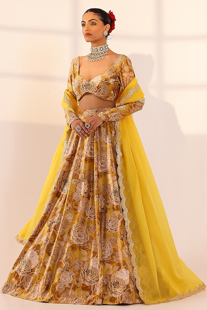 Gold Velvet Floral Kalidar Lehenga Set by SANAM at Pernia's Pop Up Shop