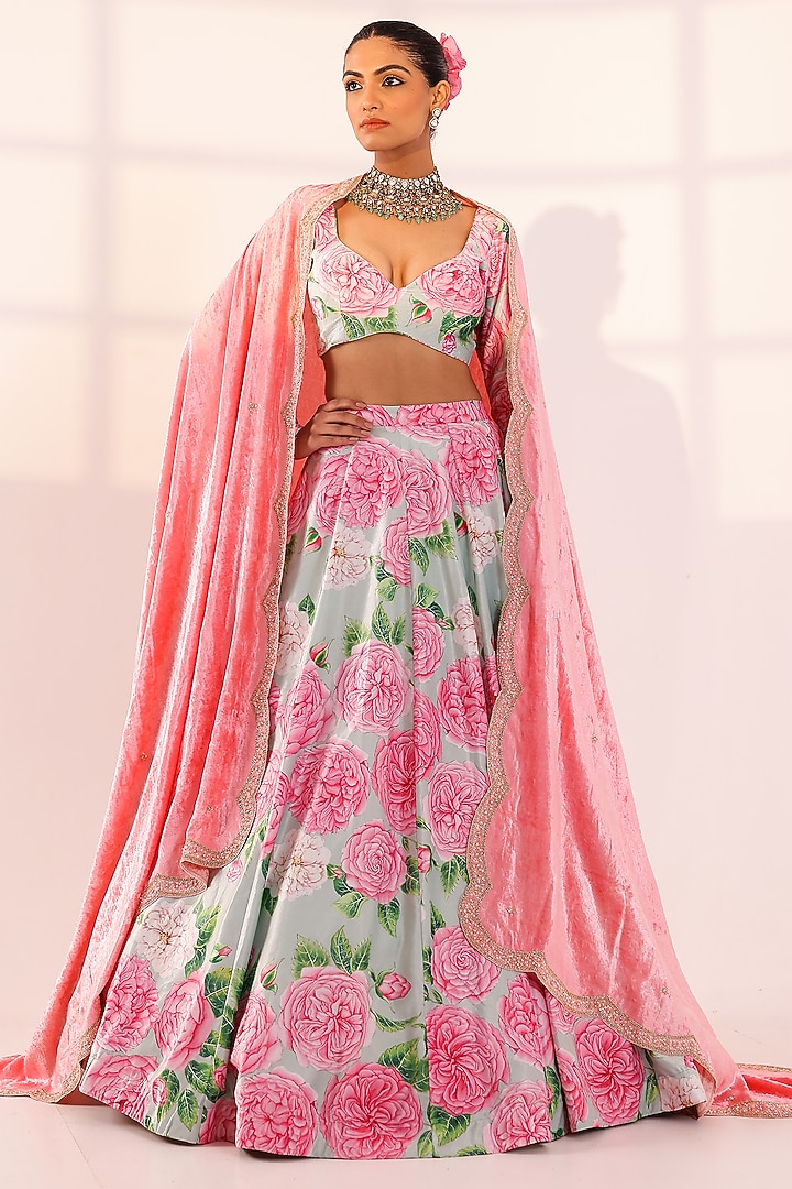 Mint Green Velvet Floral Kalidar Lehenga Set by SANAM at Pernia's Pop Up Shop