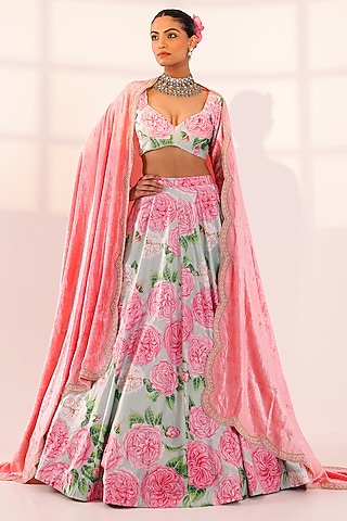 Mint Green Velvet Floral Kalidar Lehenga Set by SANAM