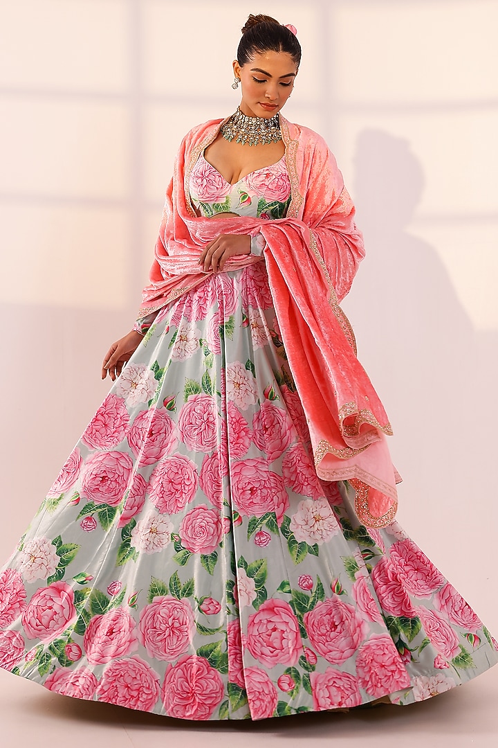 Mint Green Velvet Floral Kalidar Lehenga Set by SANAM at Pernia's Pop Up Shop
