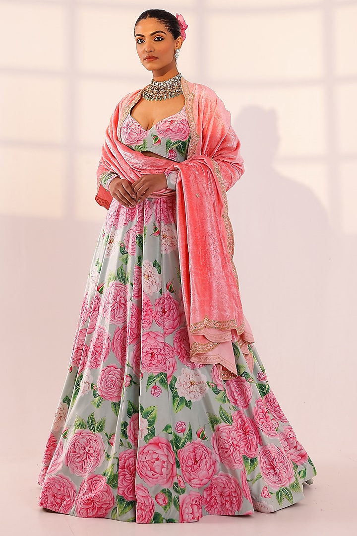 Mint Green Velvet Floral Kalidar Lehenga Set by SANAM at Pernia's Pop Up Shop