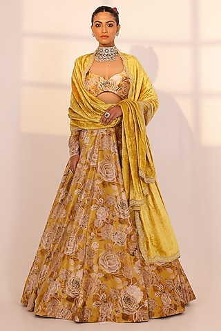 Gold Velvet Floral Kalidar Lehenga Set by SANAM
