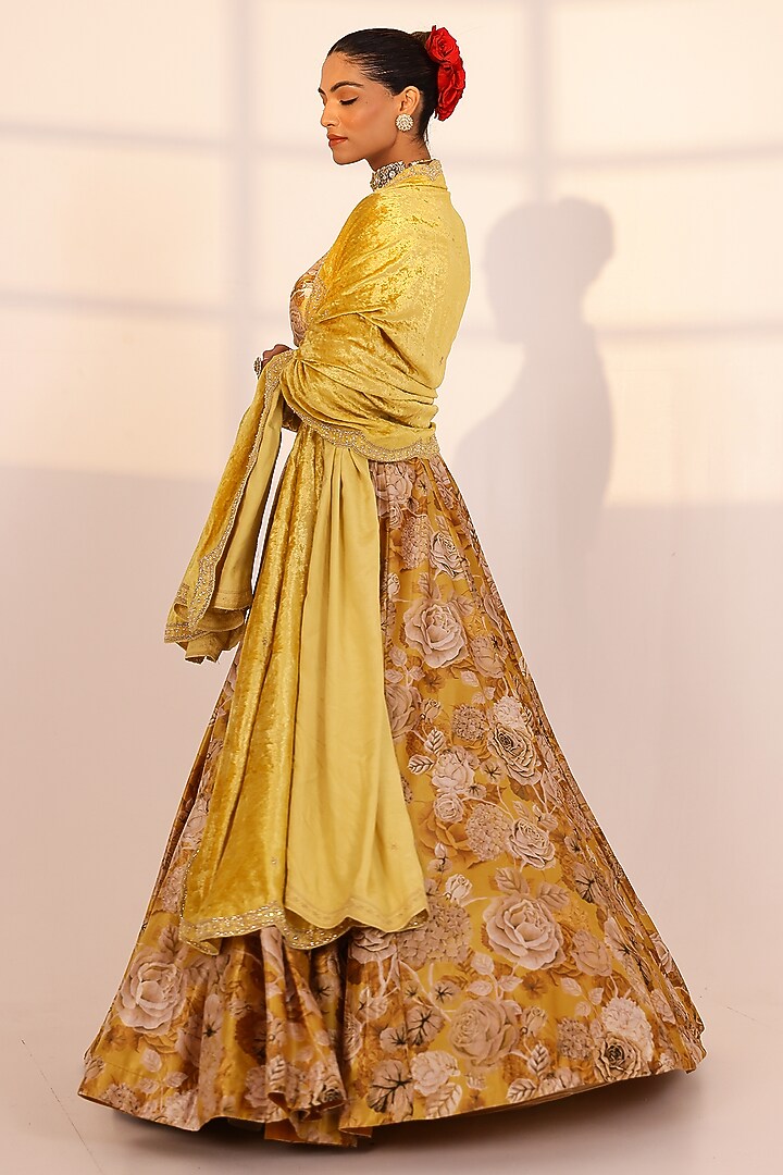 Gold Velvet Floral Kalidar Lehenga Set by SANAM at Pernia's Pop Up Shop