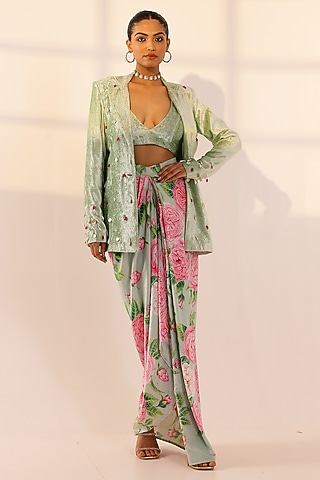 Mint Green Velvet Floral Draped Skirt Set by SANAM