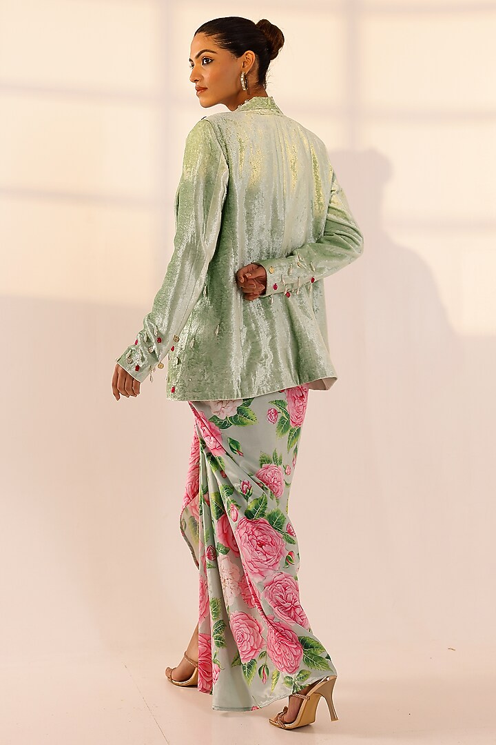 Mint Green Velvet Floral Draped Skirt Set by SANAM at Pernia's Pop Up Shop