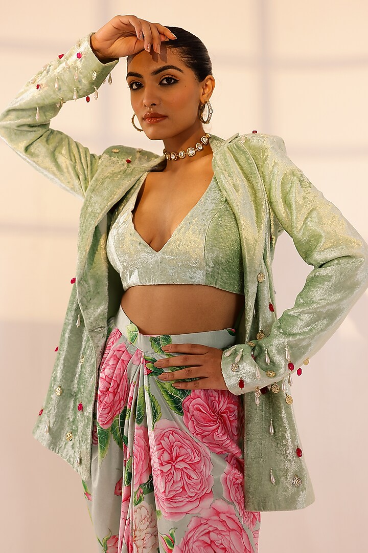 Mint Green Velvet Floral Draped Skirt Set by SANAM at Pernia's Pop Up Shop