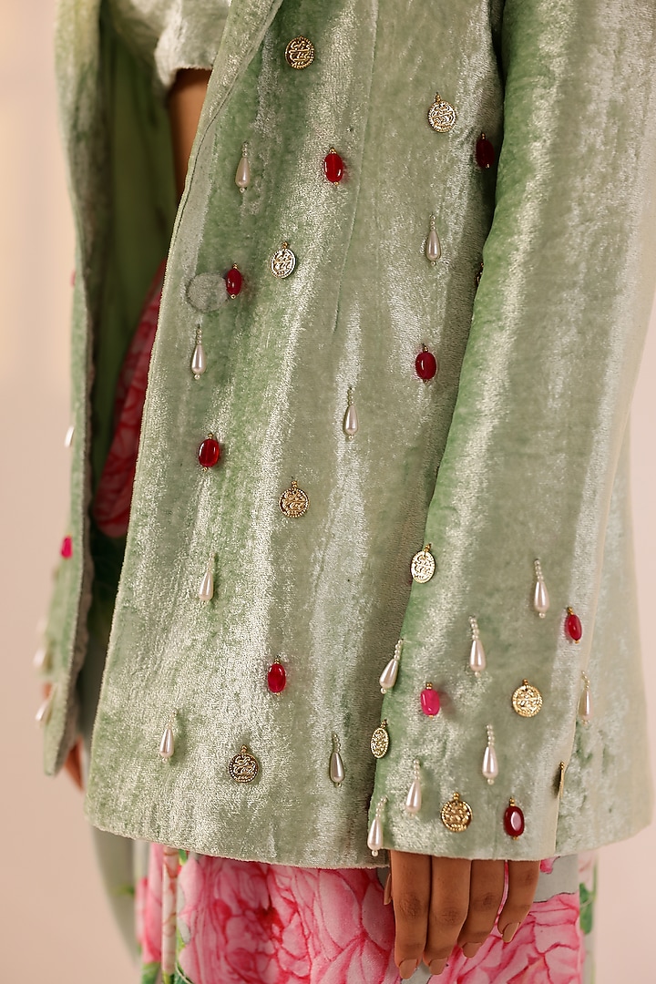 Mint Green Velvet Floral Draped Skirt Set by SANAM at Pernia's Pop Up Shop