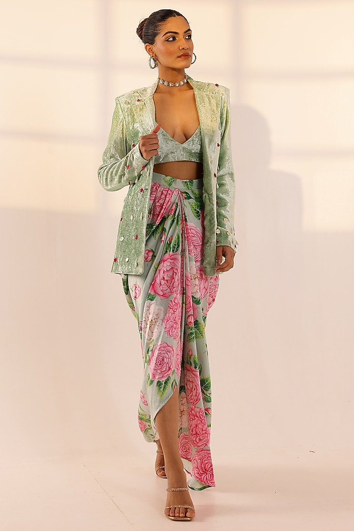 Mint Green Velvet Floral Draped Skirt Set by SANAM at Pernia's Pop Up Shop