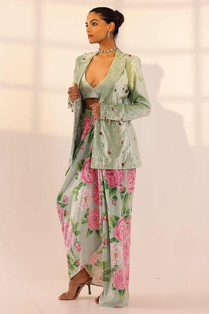 Mint Green Velvet Floral Draped Skirt Set by SANAM at Pernia's Pop Up Shop
