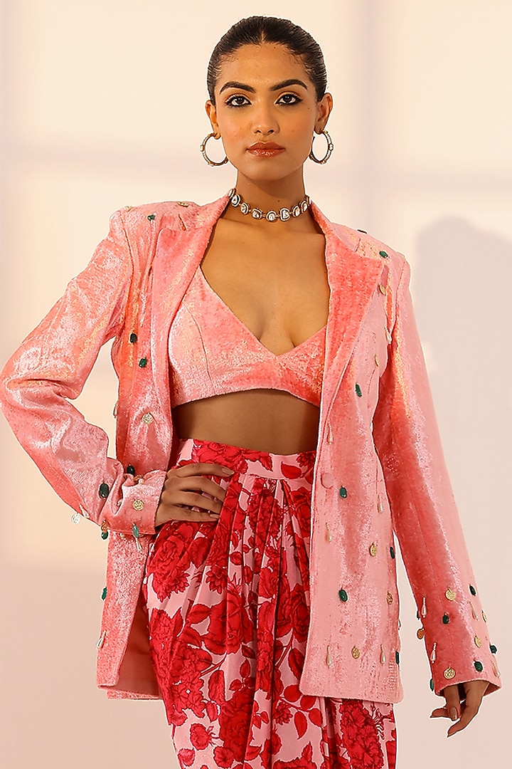 Pink Velvet Floral Draped Skirt Set by SANAM at Pernia's Pop Up Shop