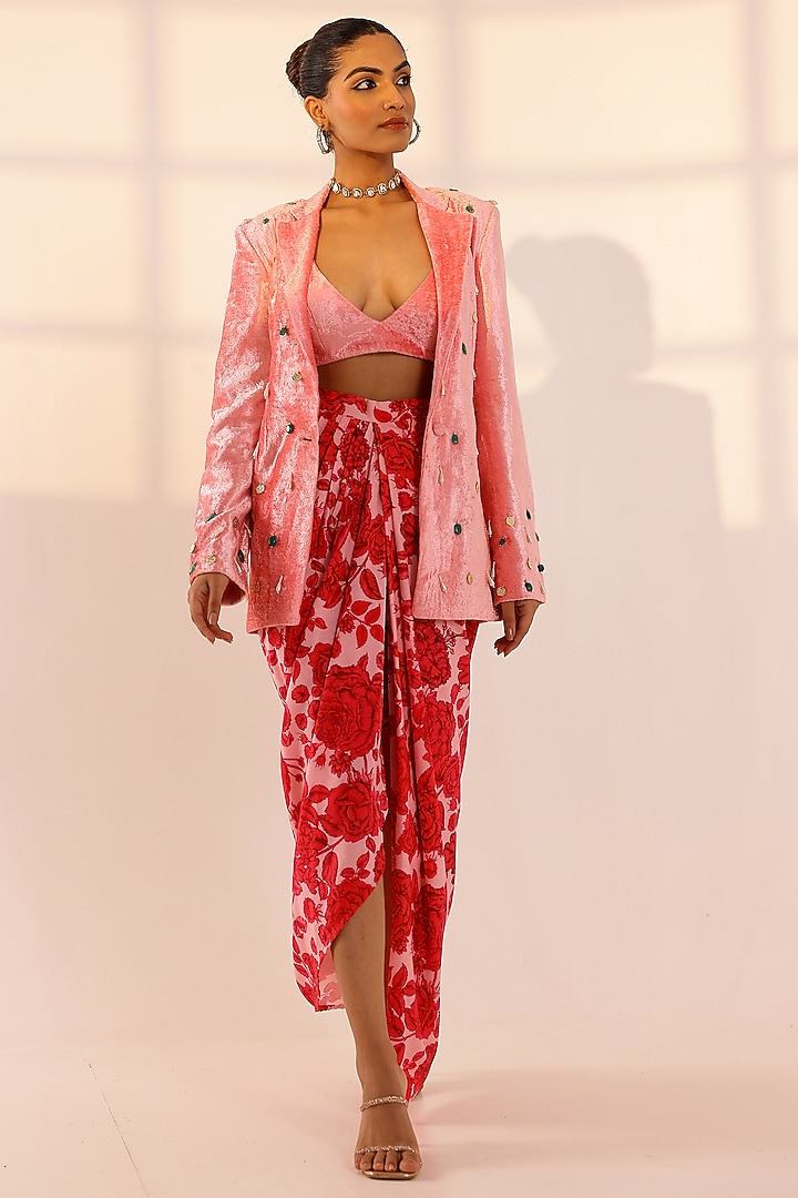 Pink Velvet Floral Draped Skirt Set by SANAM at Pernia's Pop Up Shop