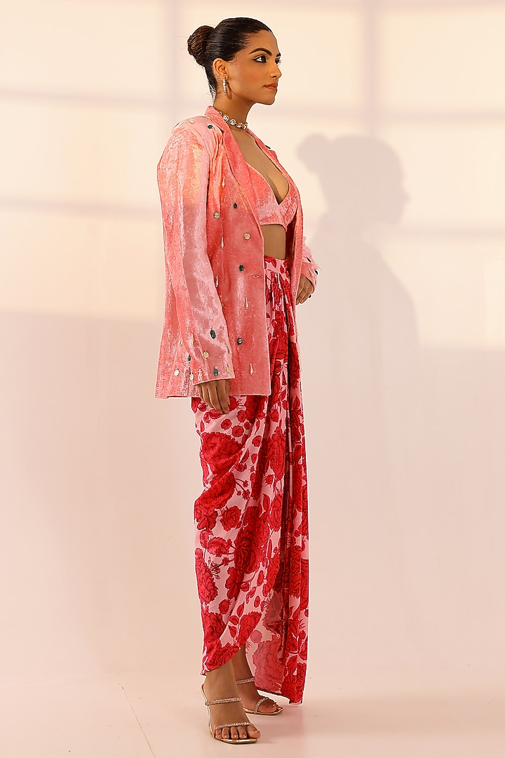 Pink Velvet Floral Draped Skirt Set by SANAM at Pernia's Pop Up Shop