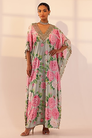 Mint Green-Pink Velvet Floral Hand Embroidered Kaftan by SANAM