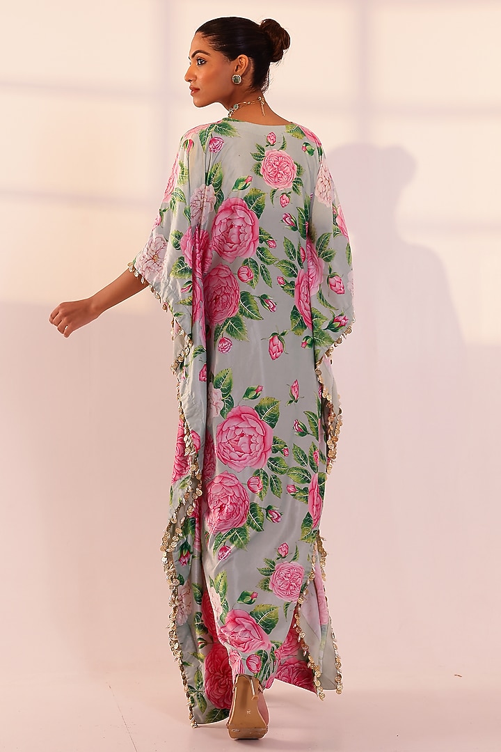 Mint Green-Pink Velvet Floral Hand Embroidered Kaftan by SANAM at Pernia's Pop Up Shop